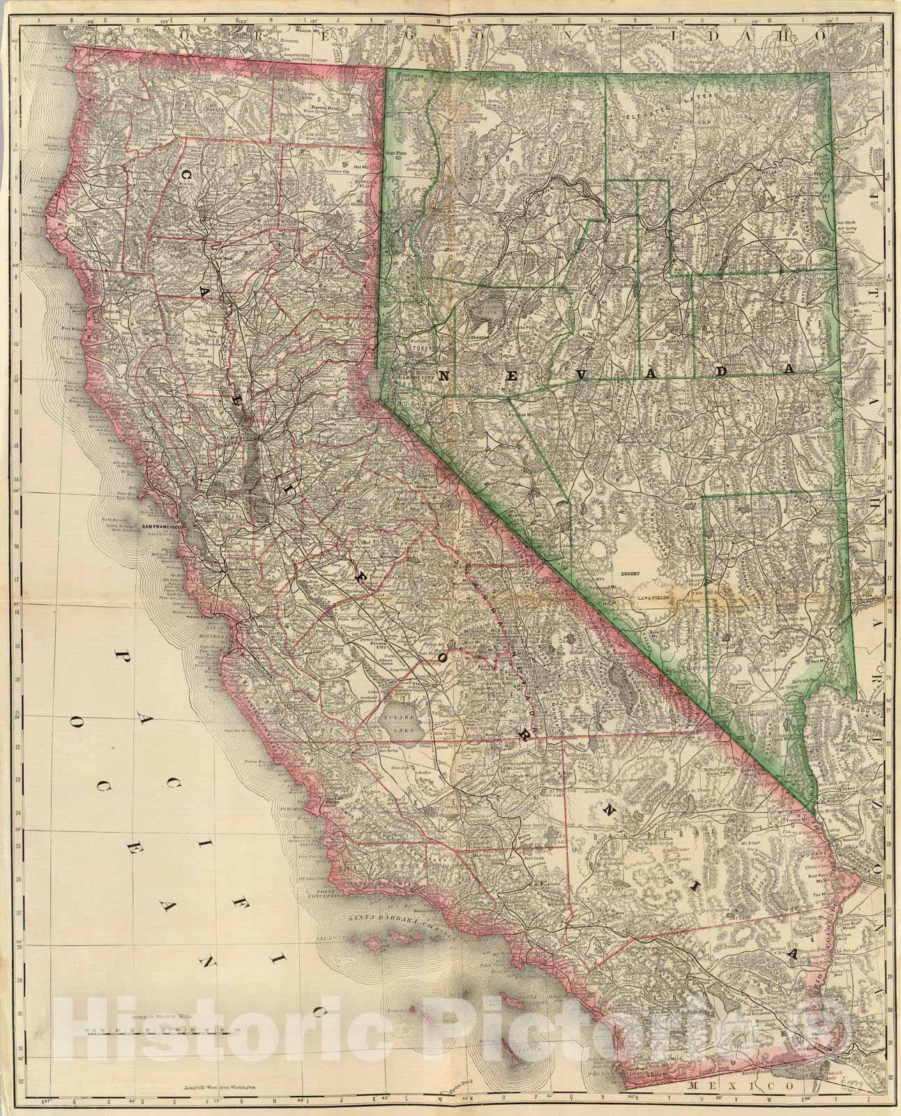 Historic Map : National Atlas - 1879 (California and Nevada) - Vintage Wall Art