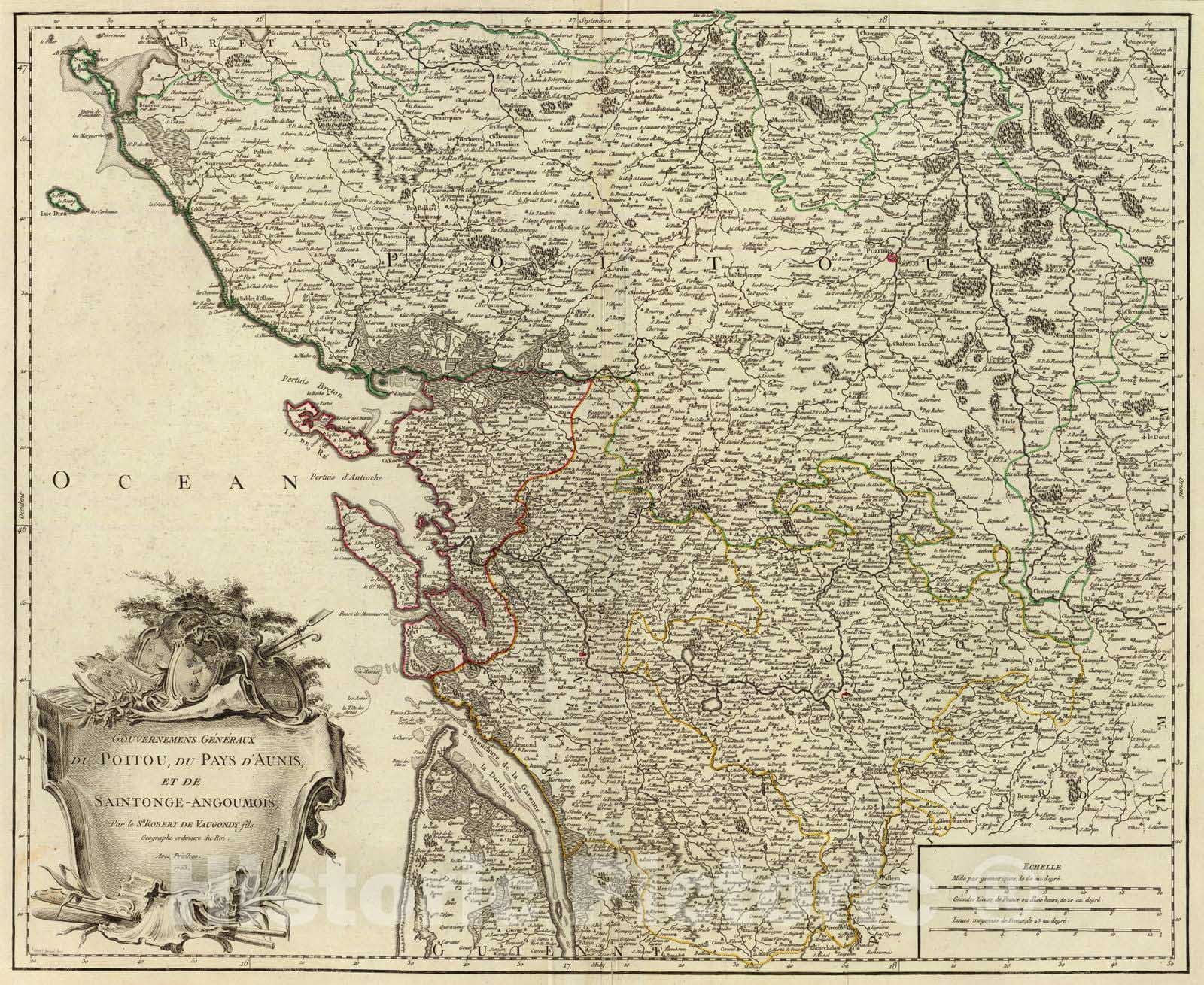 Historic Map : France, 1753 Poitou, Aunis, Saintonge-Angoumois. , Vintage Wall Art