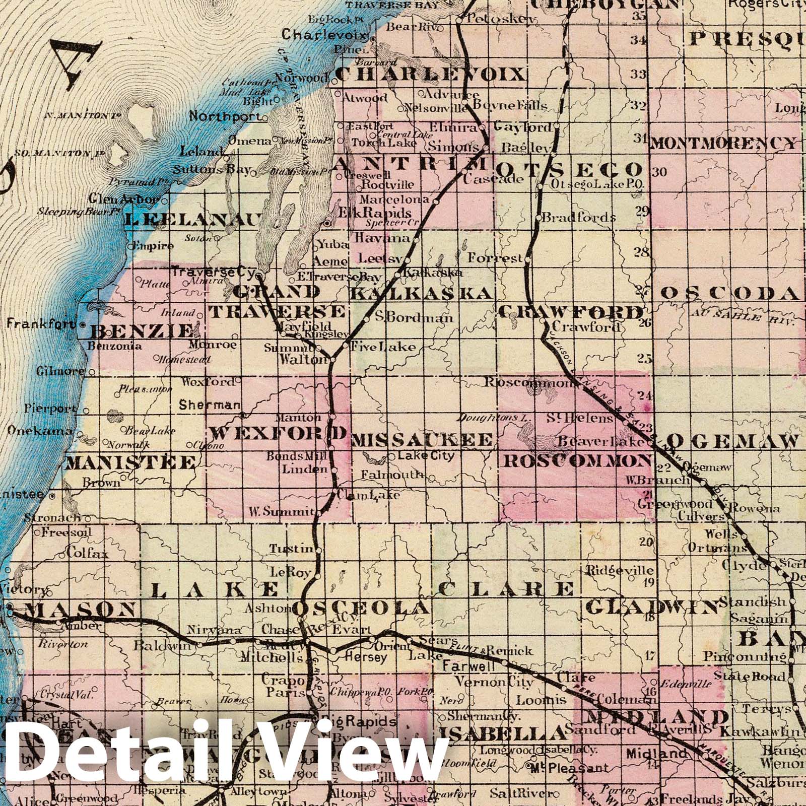 Michigan - Railroad Map, 1875 - Cram's Commercial Atlas Print