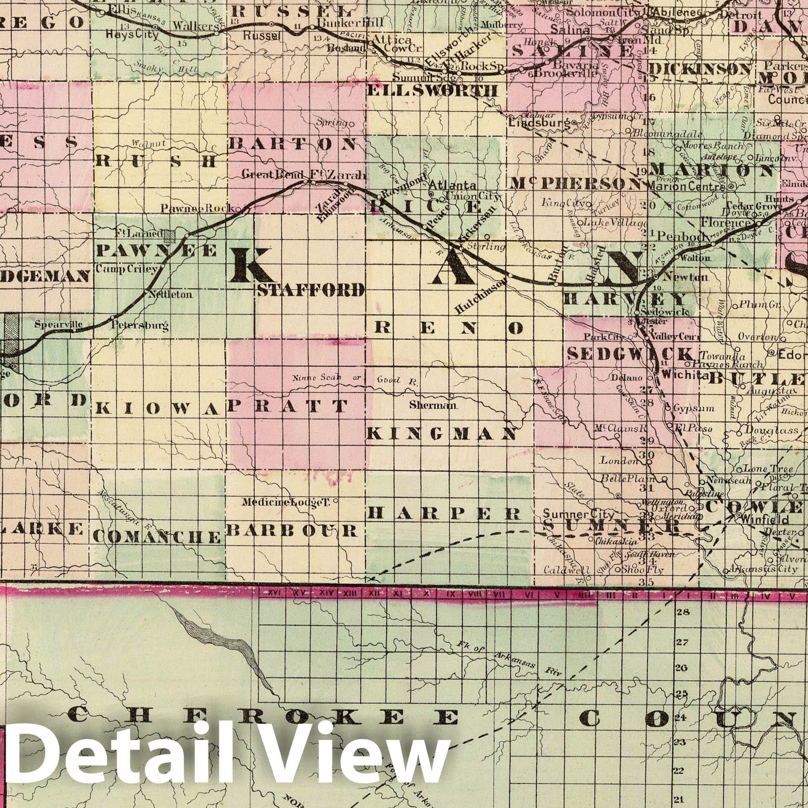 Kansas - Railroad Map, 1875 - Cram's Commercial Atlas Print