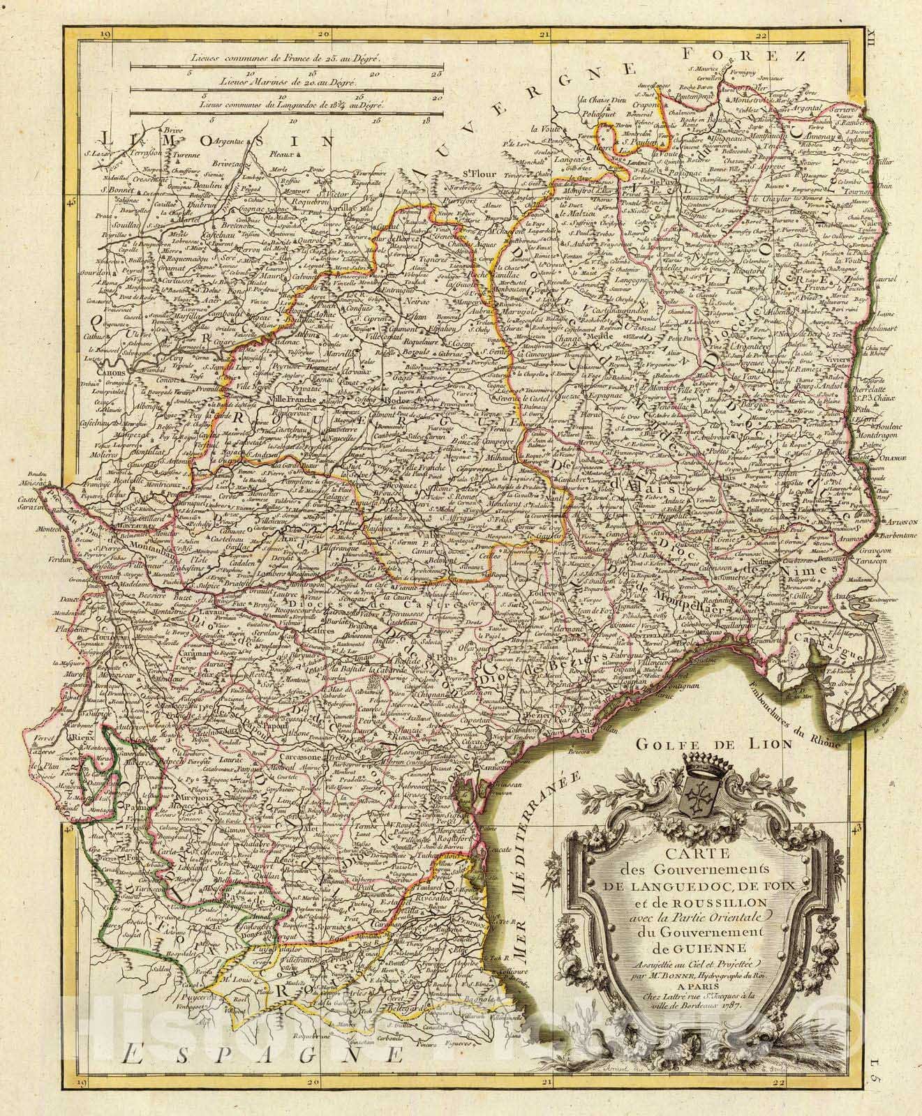 Historic Map : France, 1787 Languedoc, Foix, Roussillon, Guienne. , Vintage Wall Art