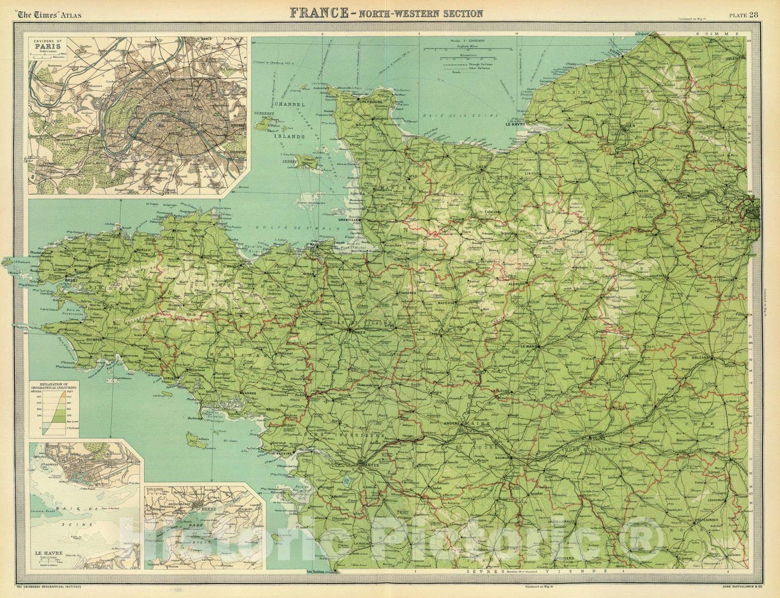 Historic Map - World Atlas - 1922 France - north-western section, environs of Paris. - Vintage Wall Art