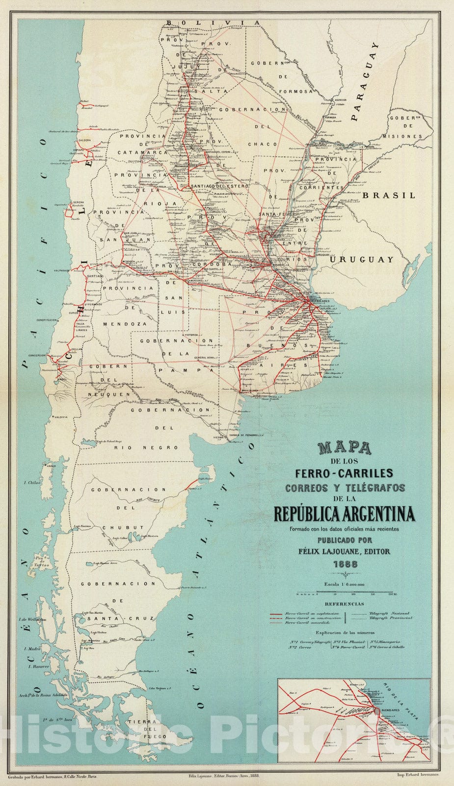 Argentina - Railroad Map, 1888 - Historical Map Print