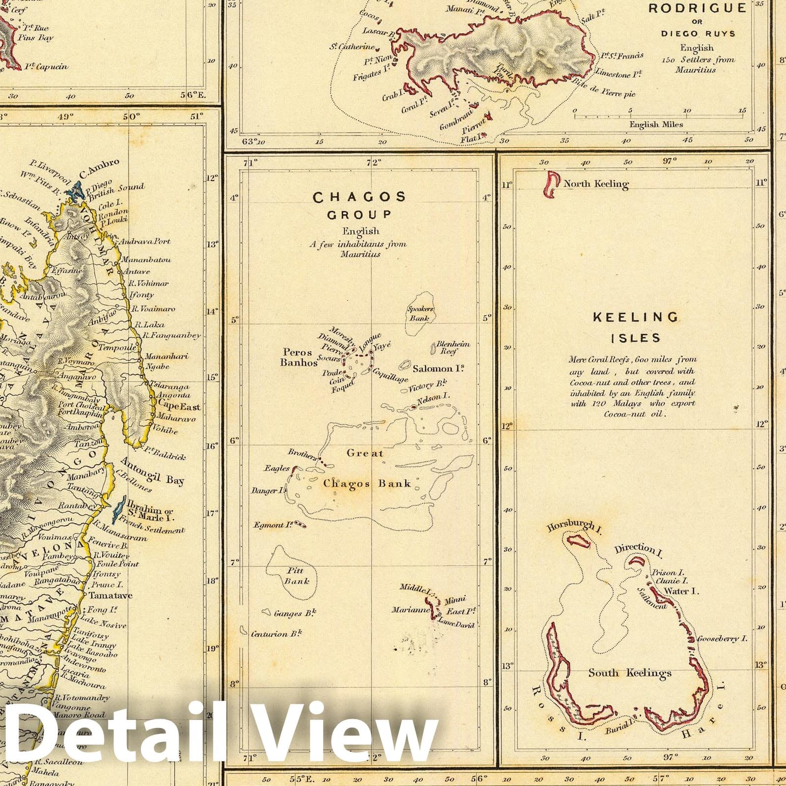 Islands in the Indian Ocean: Seychelles, Mauritius, Madagascar, Maldives - 1844 Historical Map Print