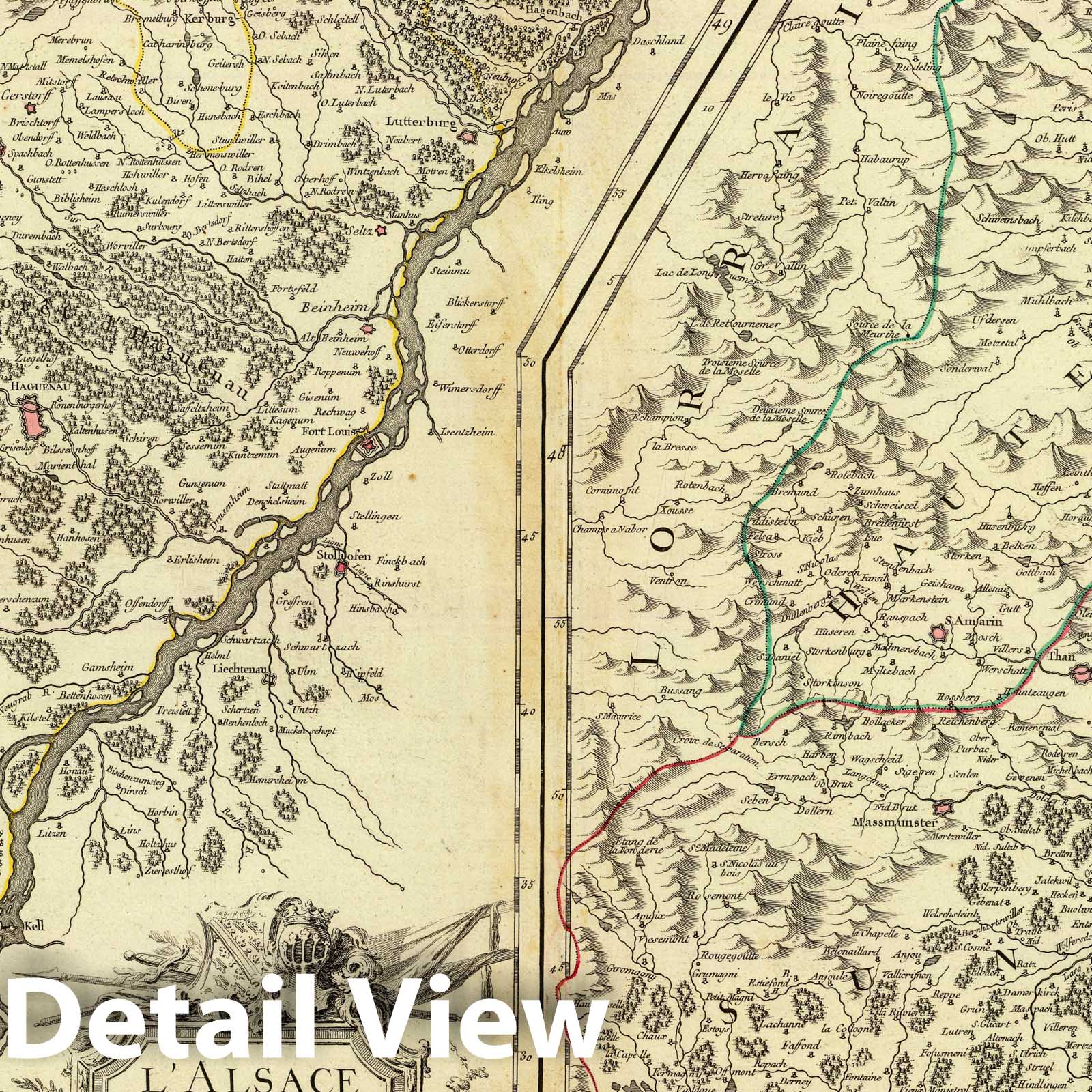 Alsace divided into Upper and Lower Alsace with Sundgau - Postal Map, 1754