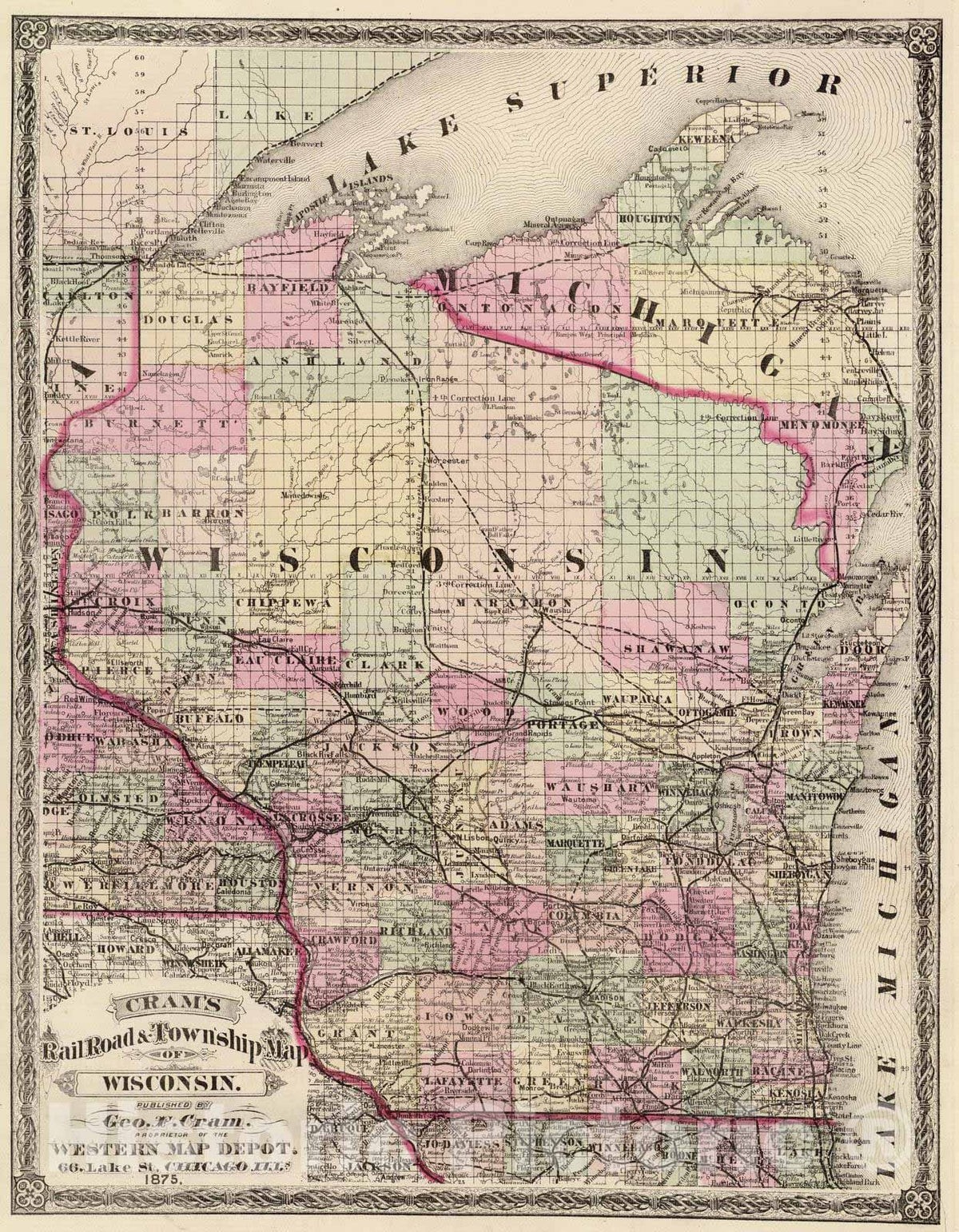 Wisconsin - Railroad Map, 1875 - Cram's Commercial Atlas