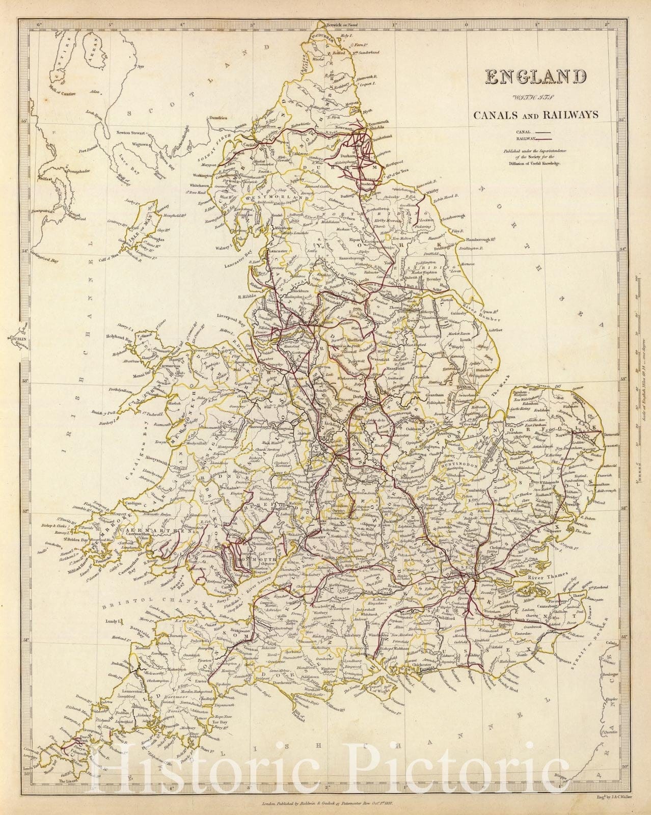 Historic Map : 1837 England canals, railways. - Vintage Wall Art