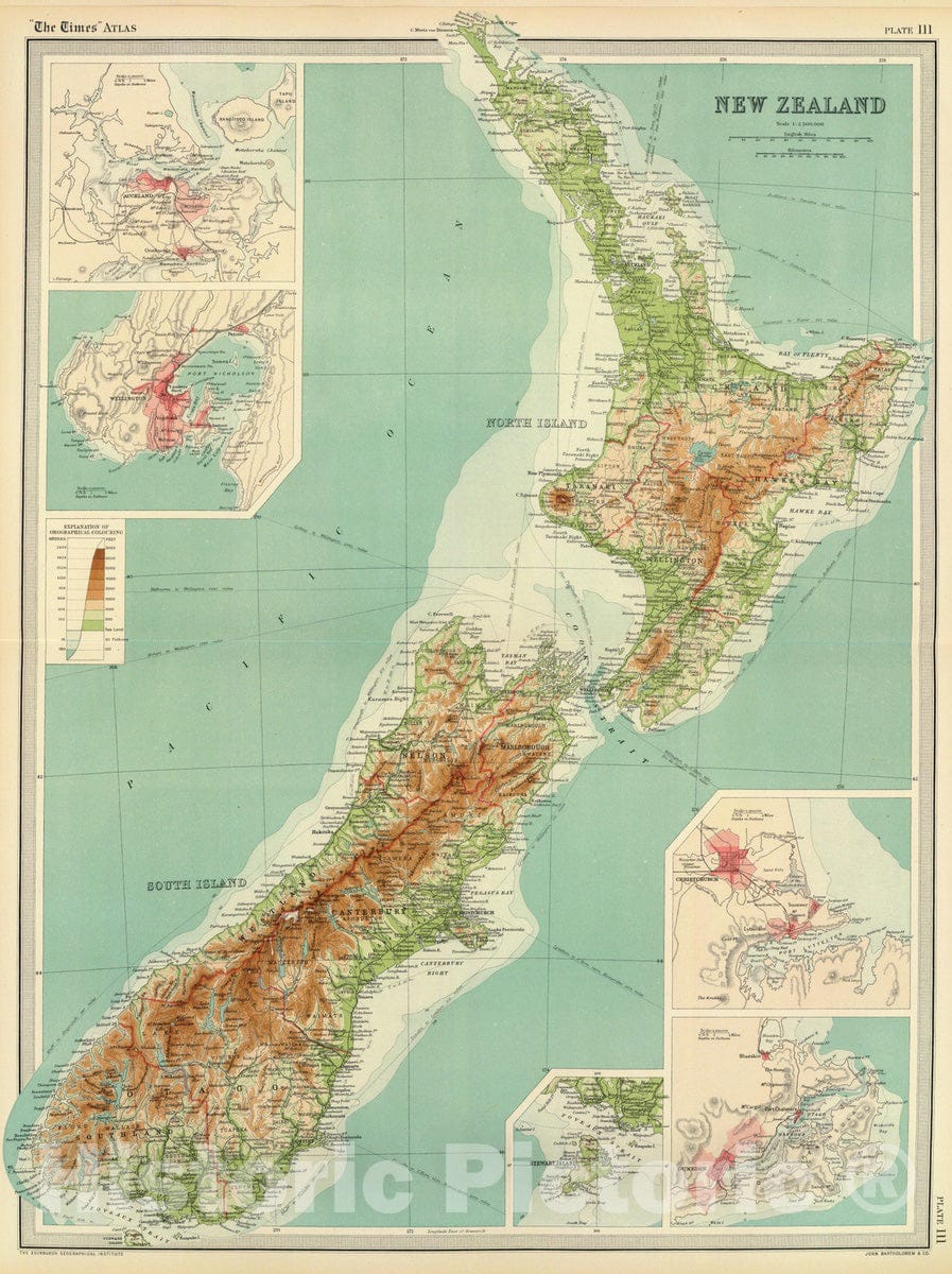 1922 New Zealand Survey Map with Regional Insets - Times Atlas Print