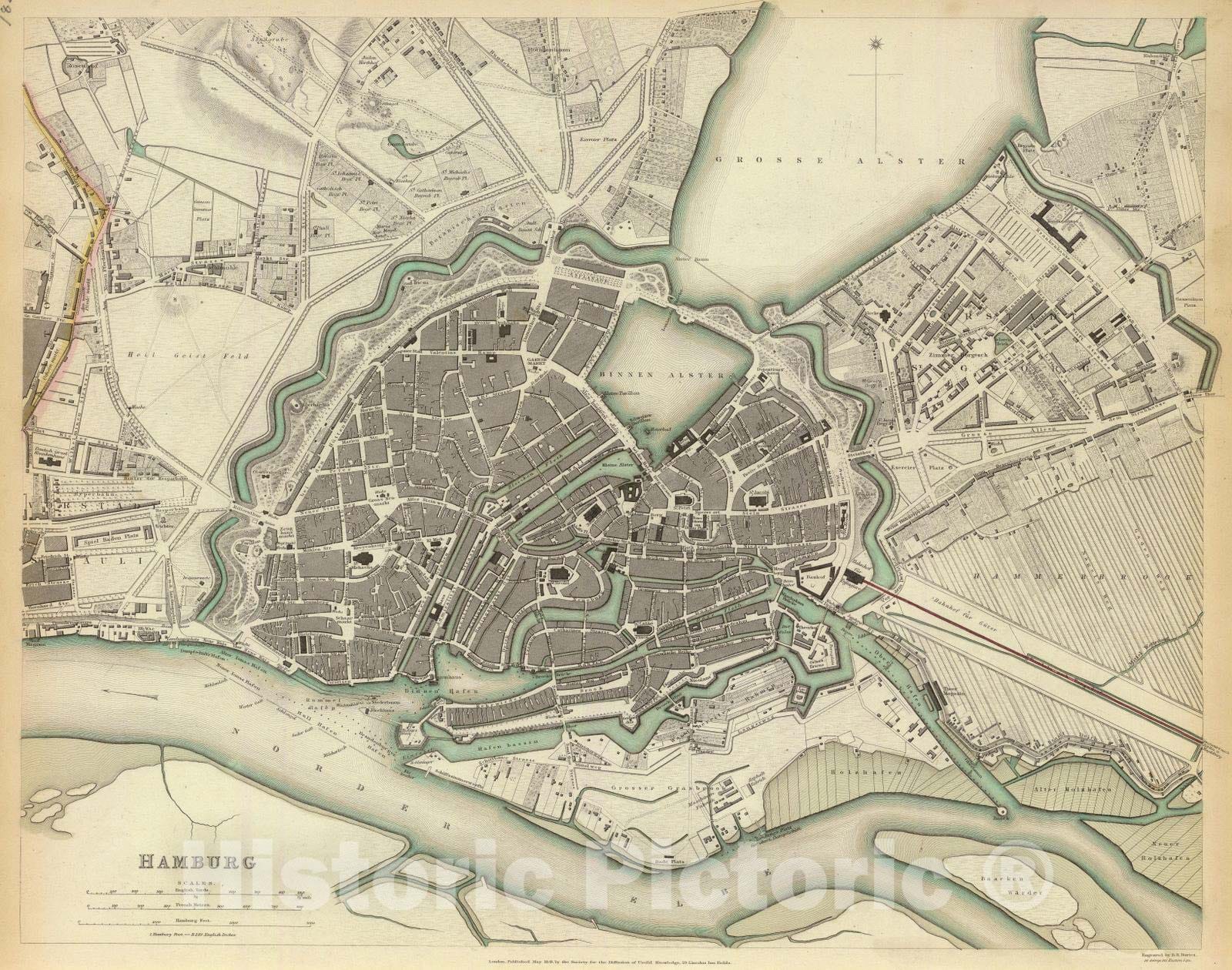 Historic Map : Germany , Hamburg Germany, 1841 Hamburg. , Vintage Wall Art