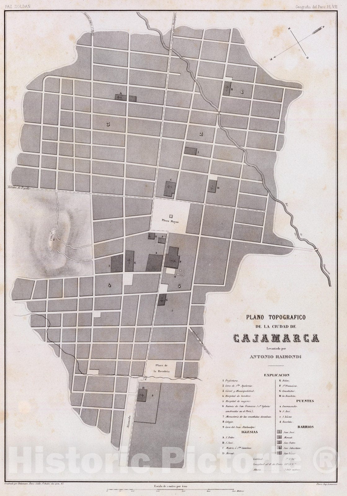 Historic Map : Peru , Cajamarca (Peru), 1865 Plano topografico, Ciudad de Cajamarca. , Vintage Wall Art