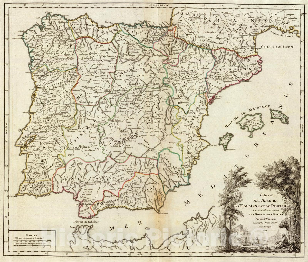 Historic Map : Portugal; Spain, 1757 Espagne, Portugal postes. , Vintage Wall Art