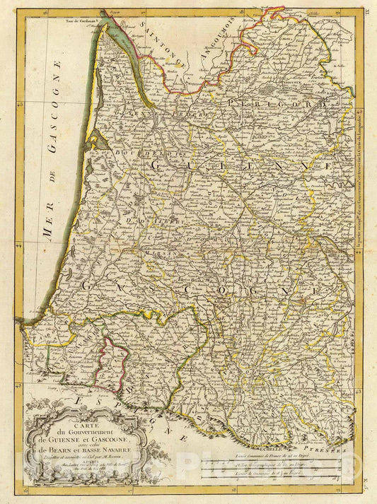 Historic Map : France, 1785 Guienne, Gascogne, Bearn, Basse Navarre. , Vintage Wall Art