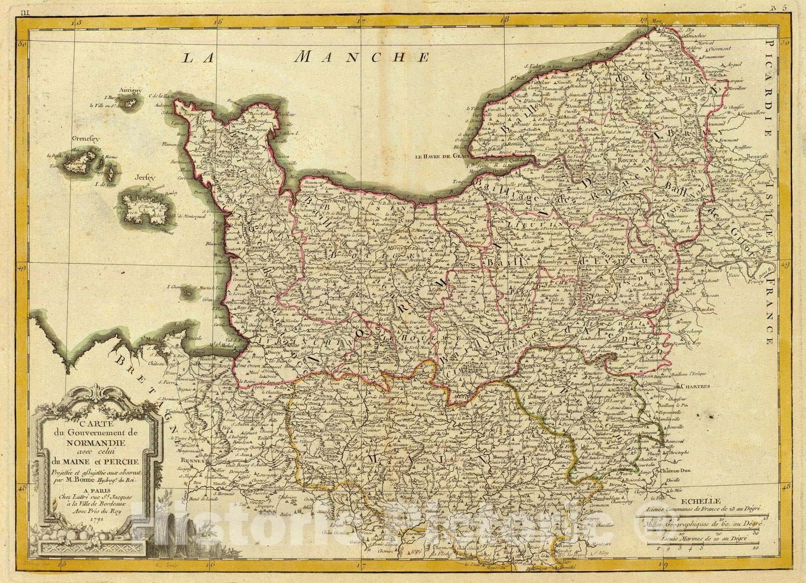 Historic Map : France, 1791 Normandie, Maine, Perche. , Vintage Wall Art