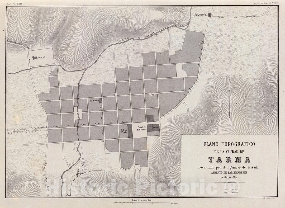 Historic Wall Map : Peru , Tarma (Junin, Peru), 1865 Plano topografico de la Ciudad de Tarma. , Vintage Wall Art