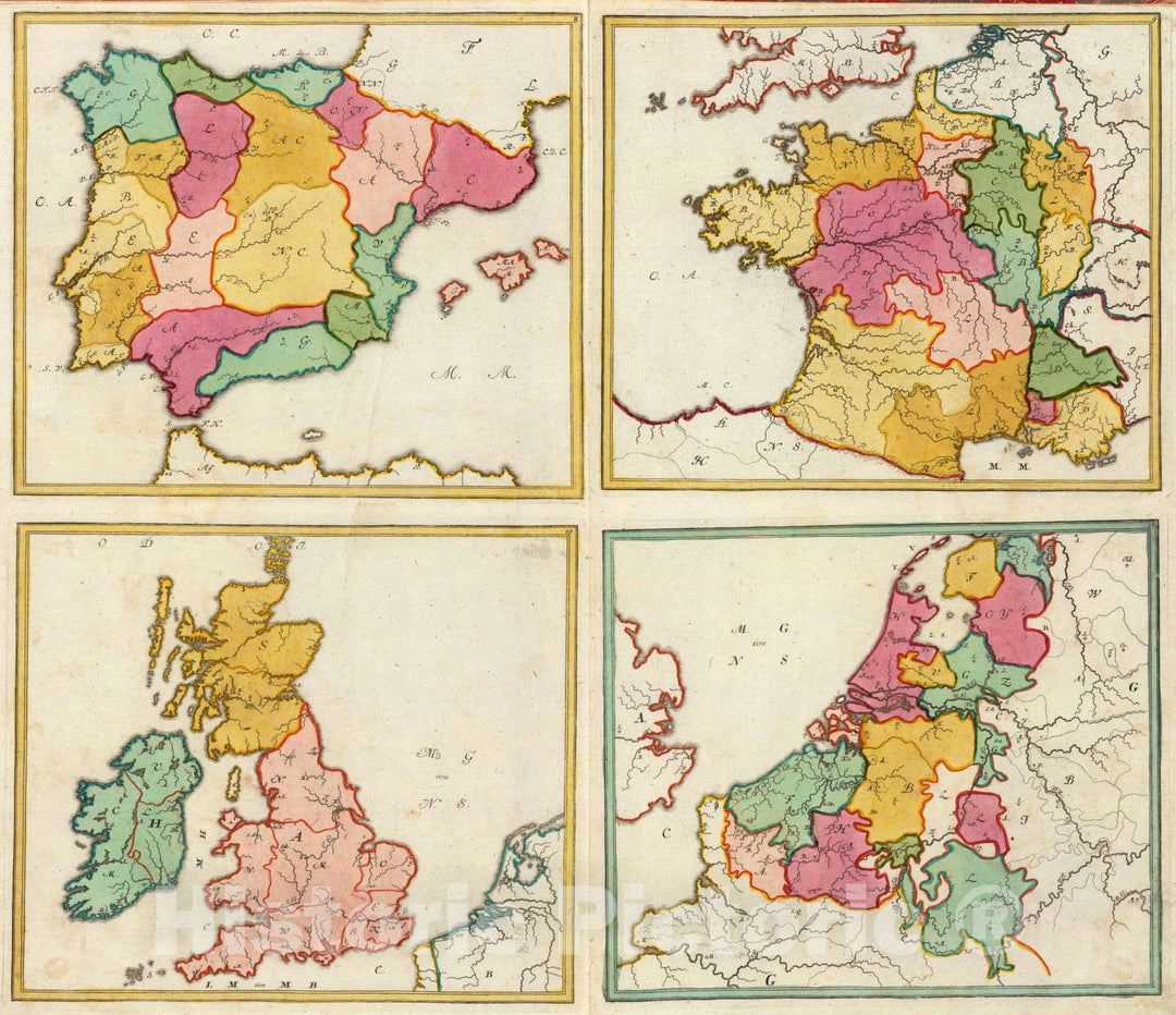 Historic Map : France; Spain, Benelux countries, Europe 1719 (Portugall, Spanien, Franckreich, Engeland, Schottland, Irrland, Niederlanden) , Vintage Wall Art