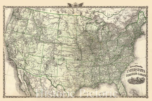 Historic Map : 1876 New railroad map of the United States, and Dominion of Canada. - Vintage Wall Art