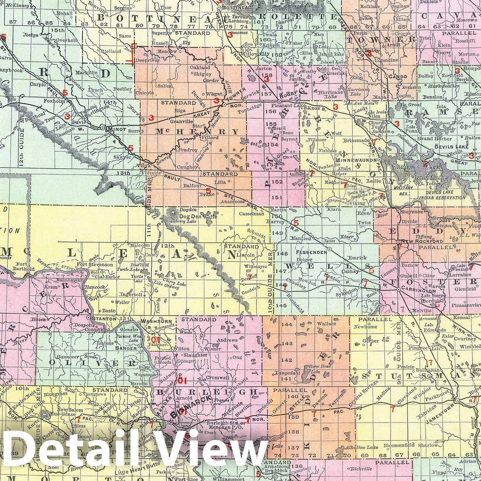 North Dakota - Railroad Map, 1903 - Rand McNally Historical Map Print
