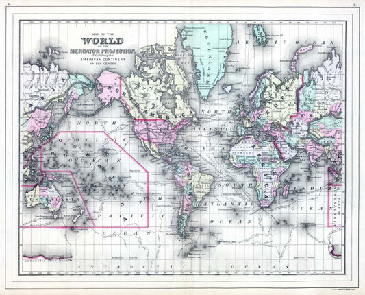 Historic Wall Map : 1886 World Mercator proj. - Vintage Wall Art