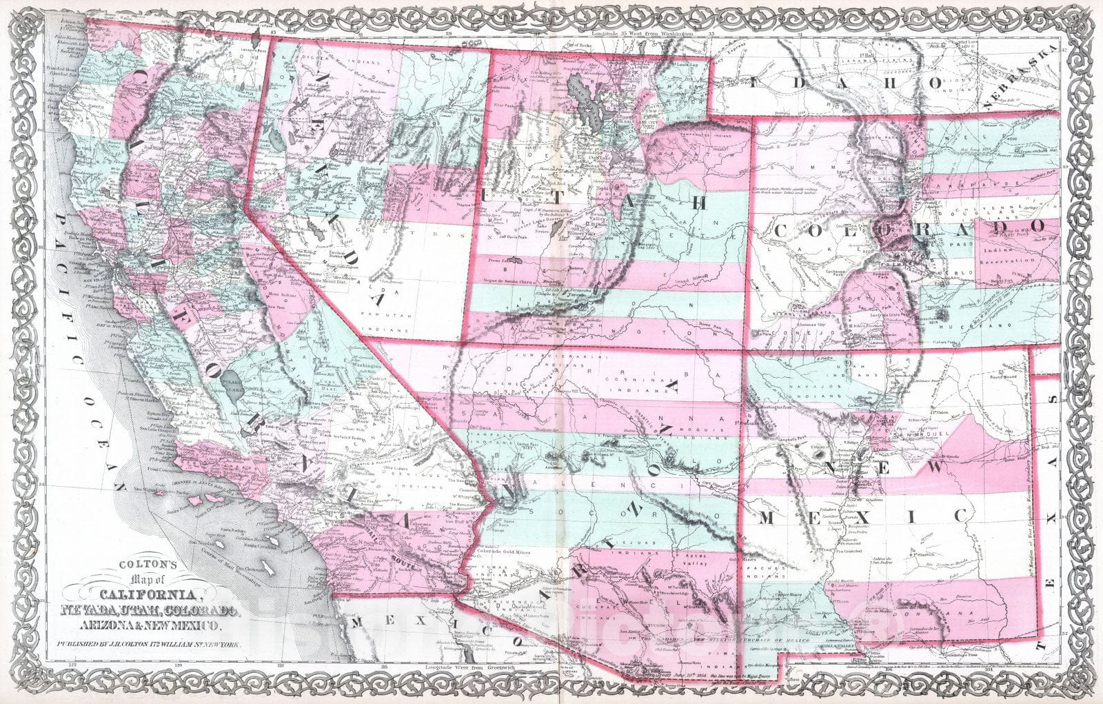 Historic Map : 1865 California, Nevada, Utah, Colorado, Arizona and New Mexico. - Vintage Wall Art