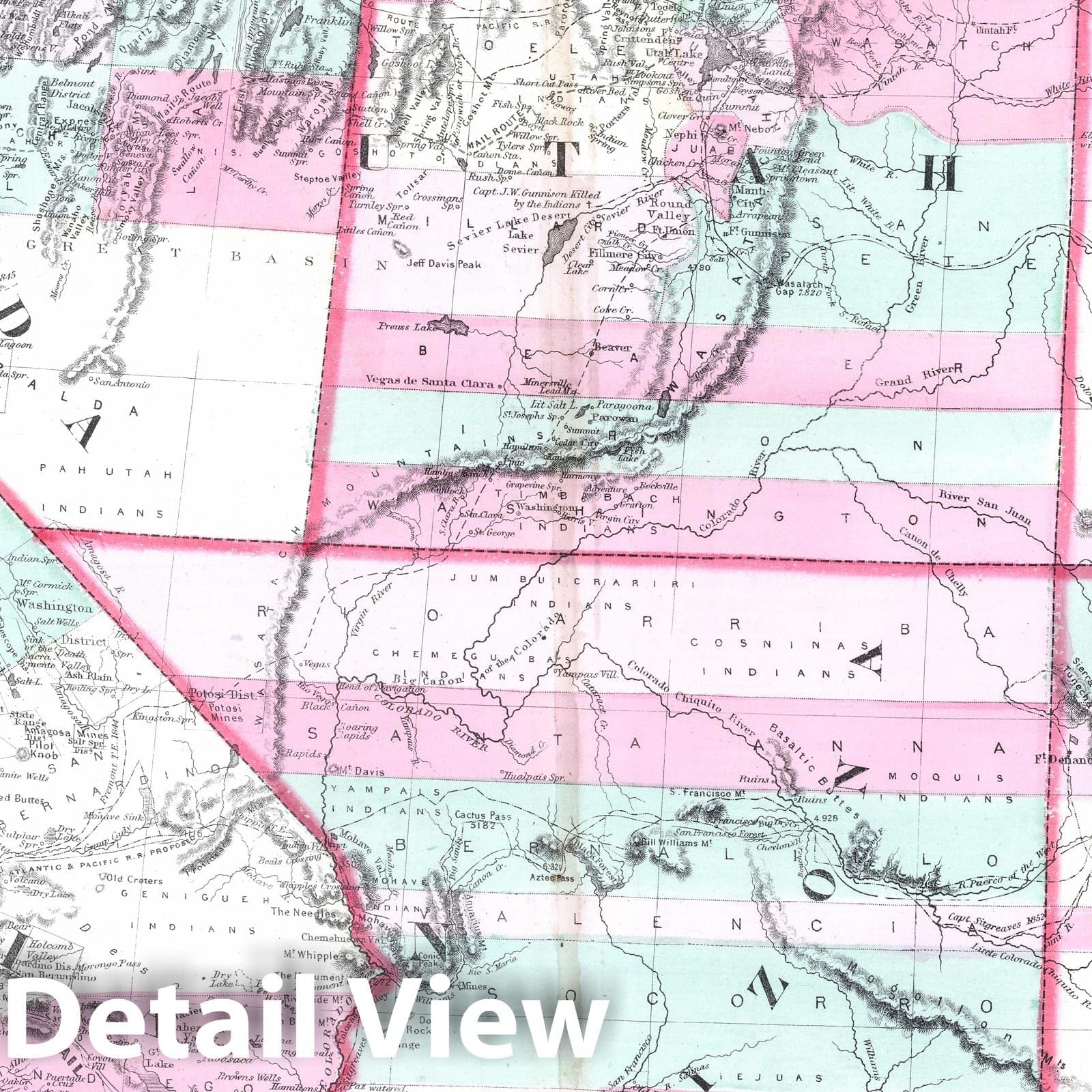 California, Nevada, Utah, Colorado, Arizona and New Mexico - Route Map, 1865