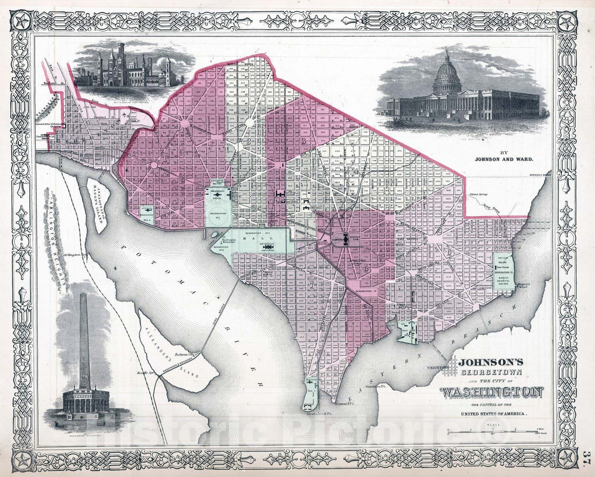 Historic Map : 1864 Georgetown and the City of Washington - Vintage Wall Art