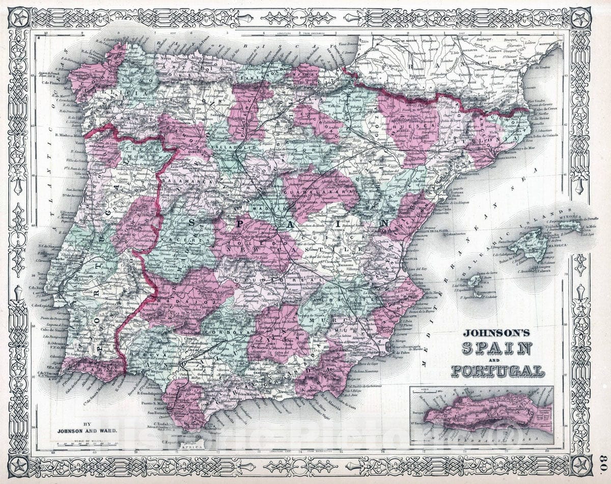 Historic Map : 1864 Spain and Portugal - Vintage Wall Art