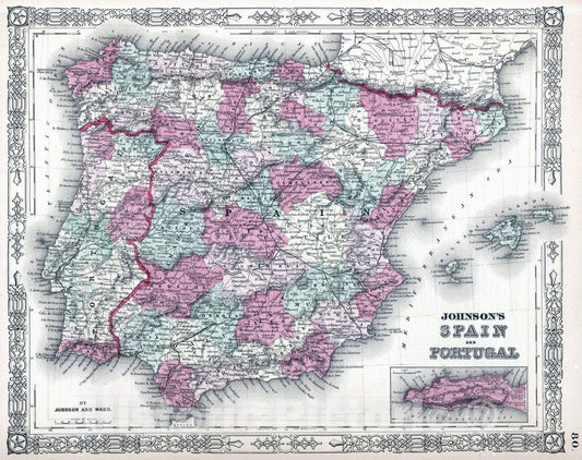 Historic Map : 1864 Spain and Portugal - Vintage Wall Art