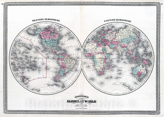 Historic Map : 1870 Johnson's Globular World. - Vintage Wall Art