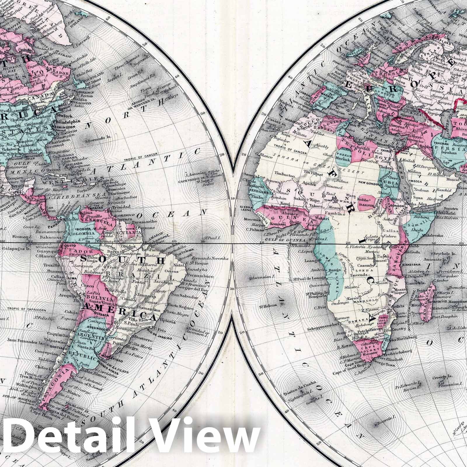 Johnson's Globular World Map, 1870 - Historical Map Print