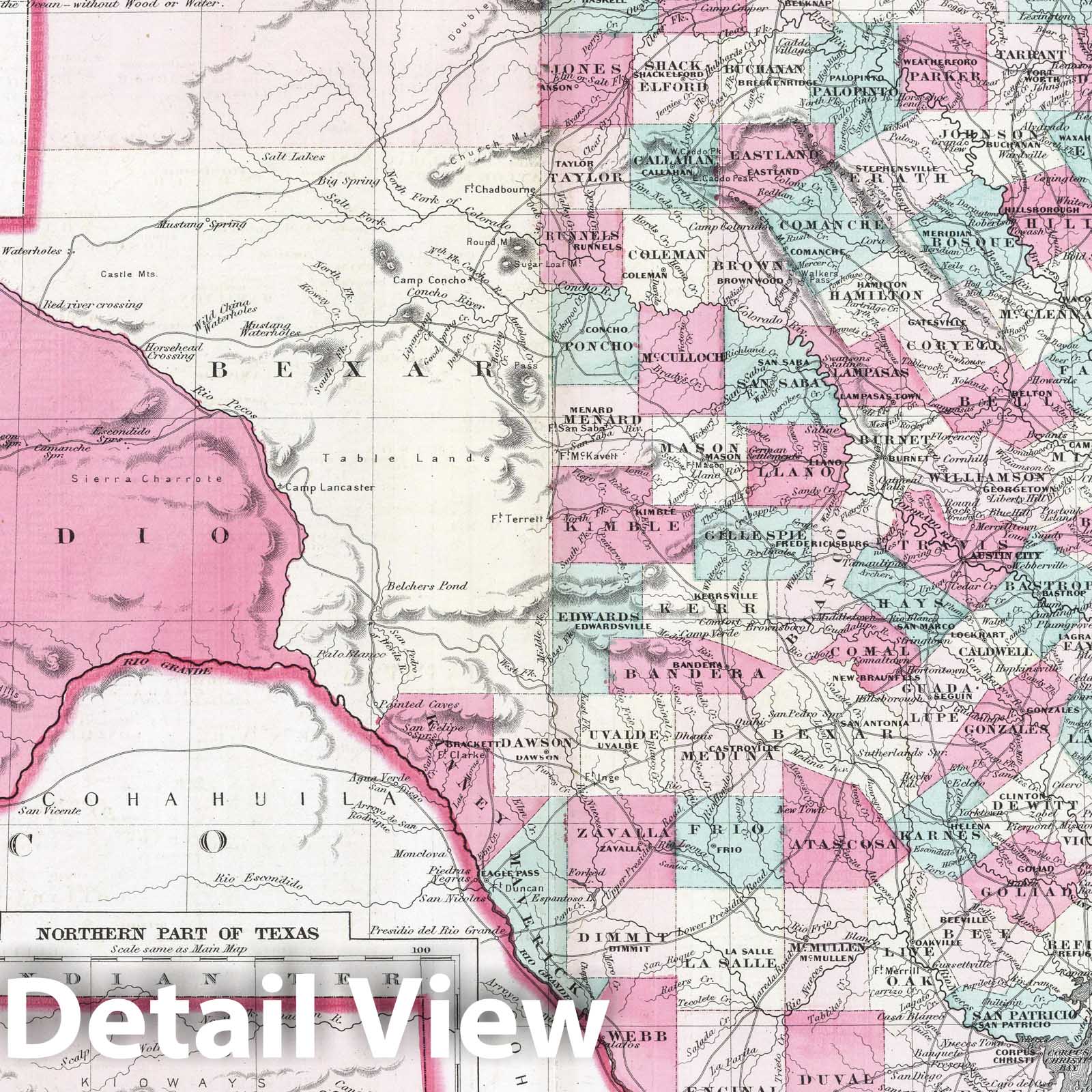 Texas - Physical Map, 1870 - Johnson's Family Atlas Historical Map Print