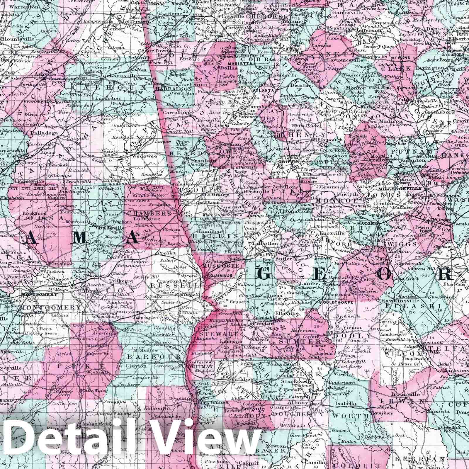 Georgia and Alabama - Physical Map, 1865 - Historical Map Reproduction