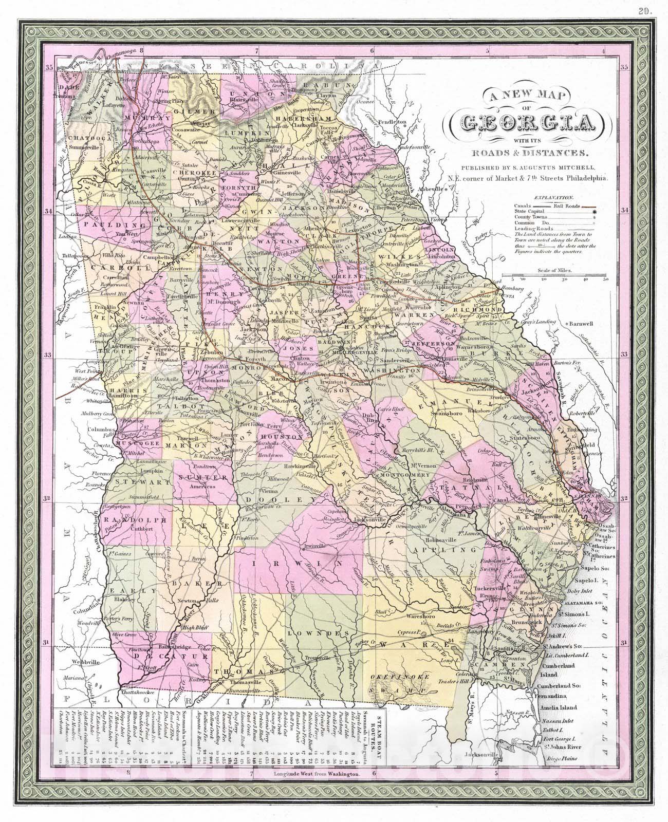 Historic Map : 1849 New Map of Georgia with its Canals, Roads & Distances - Vintage Wall Art