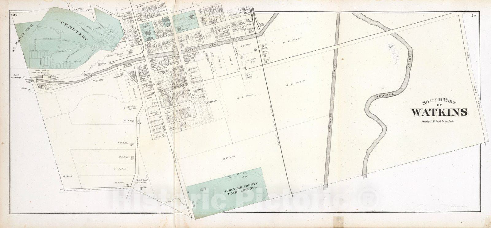 Historic Map : 1874 South Part of Watkins, New York. - Vintage Wall Art
