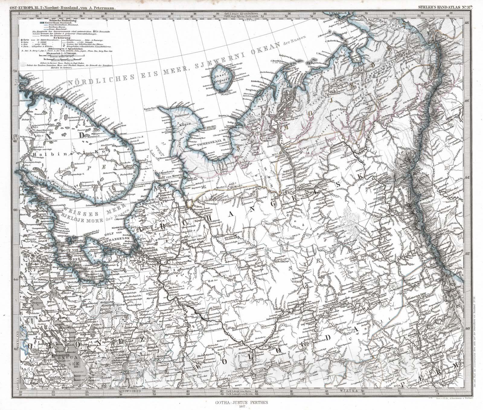 Historic Map : Russian Federation, 1867 Ost-Europe, Nordost-Russland. (Northeast Russia). , Vintage Wall Art