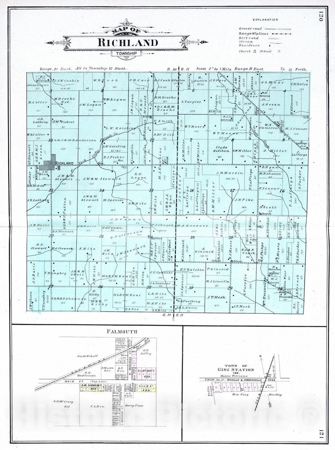 Historic Map : 1908 Richland Township, Rush County, Indiana. Falmouth. Ging Station. - Vintage Wall Art