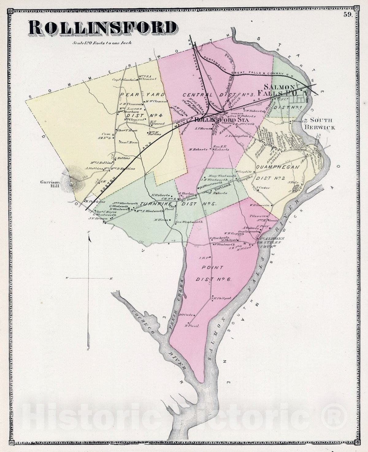 Historic Map : 1871 Rollinsford, Strafford County, New Hampshire. - Vintage Wall Art