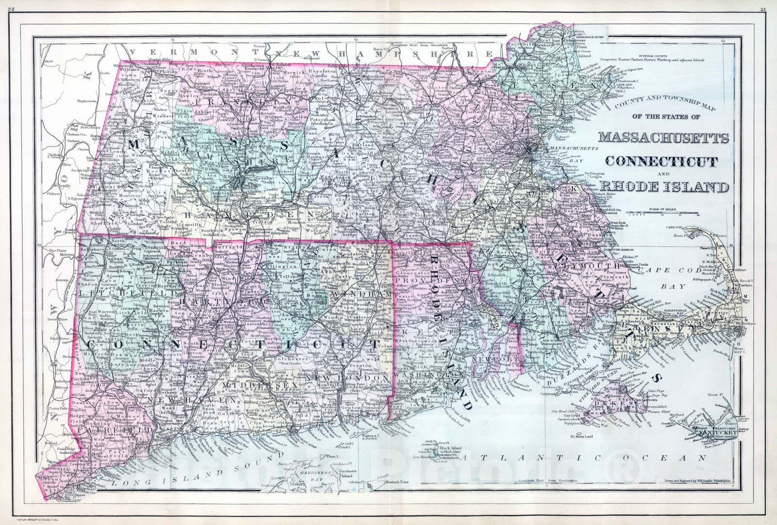 Massachusetts, Connecticut, and Rhode Island - Railroad Map, 1886