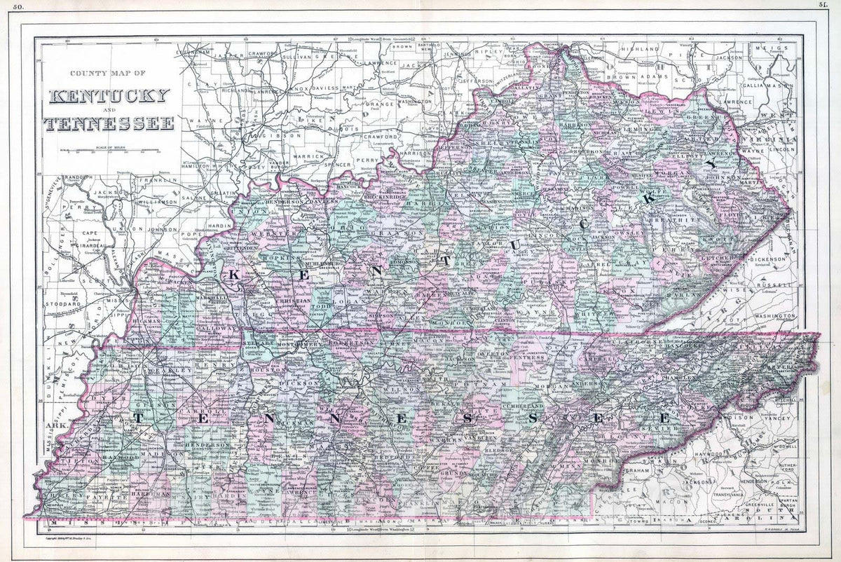 Historic Wall Map : 1886 Kentucky, Tennessee. - Vintage Wall Art