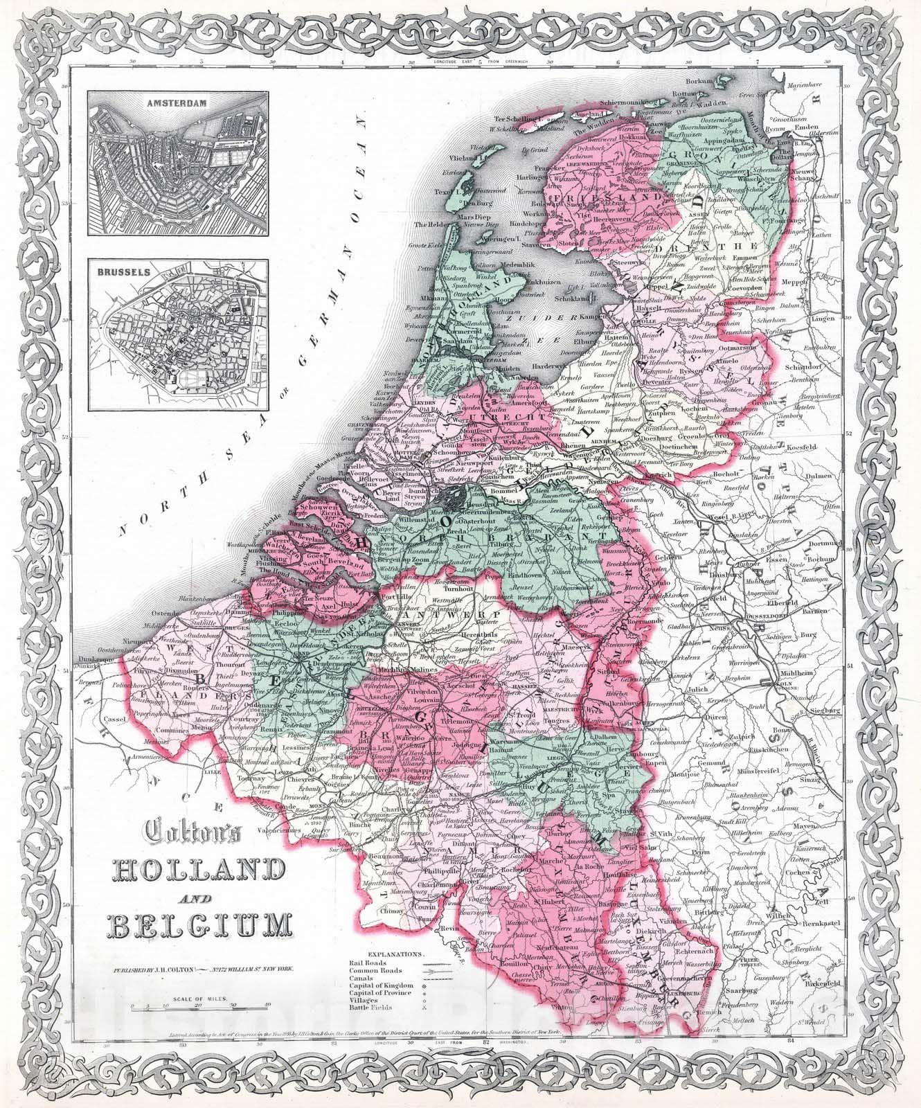 Historic Map : 1865 Holland and Belgium. v2 - Vintage Wall Art