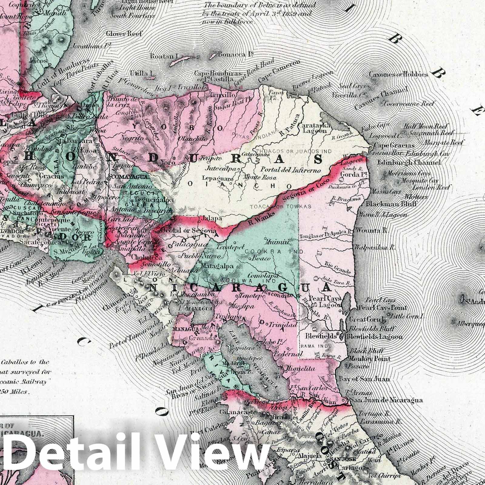 Central America with Panama, Nicaragua and Insets - Route Map, 1869