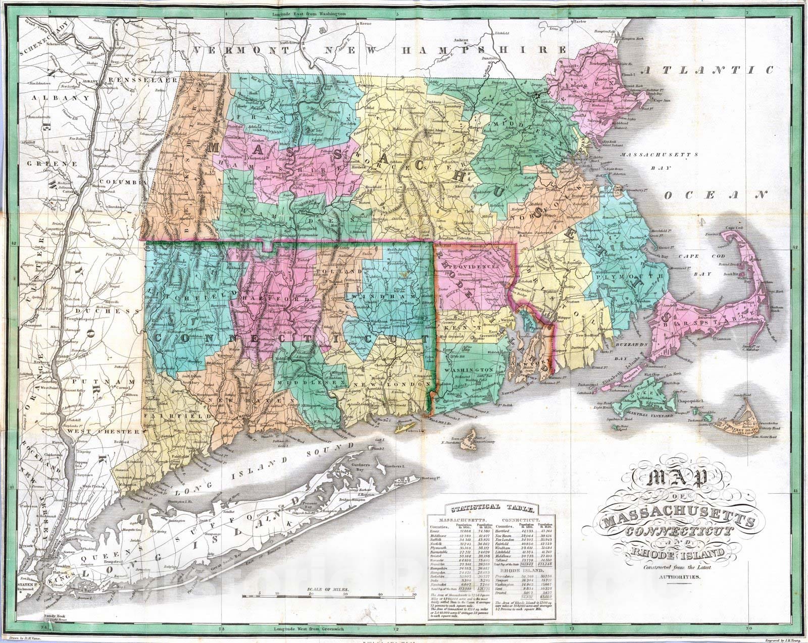 Historic Map : National Atlas - 1827 Massachusetts, Connecticut, Rhode Island. - Vintage Wall Art