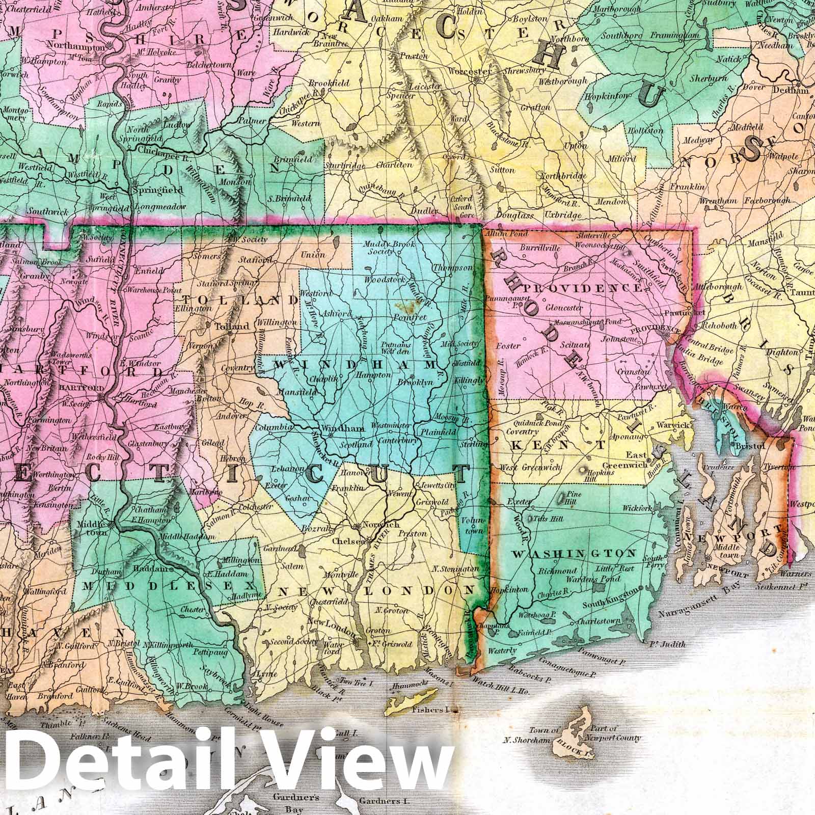 Massachusetts, Connecticut, Rhode Island 1827 Historical Map Print