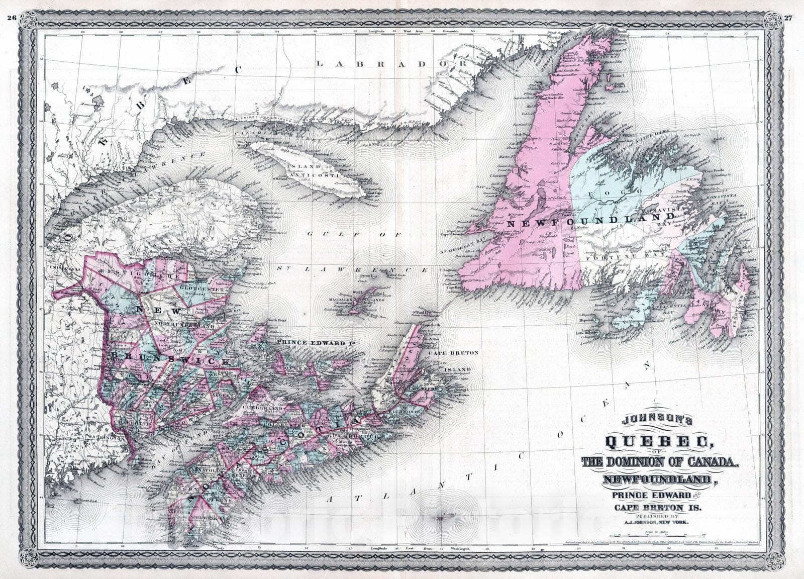 Historic Map : 1870 Newfoundland, Prince Edward Island and Cape Breton Island. - Vintage Wall Art