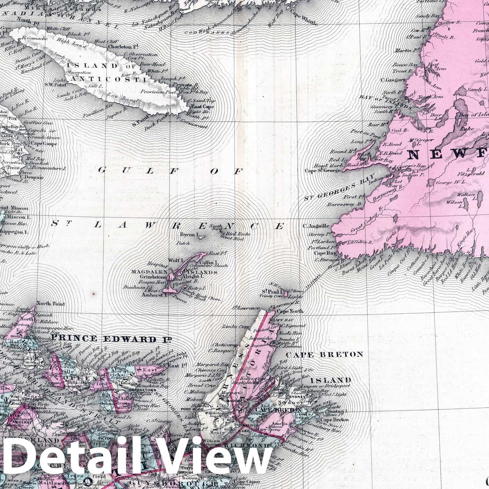 Newfoundland, Prince Edward Island, Cape Breton Island - Physical Map, 1870