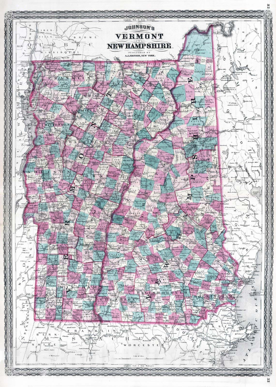 Historic Map : 1870 Vermont and New Hampshire : Vintage Wall Art