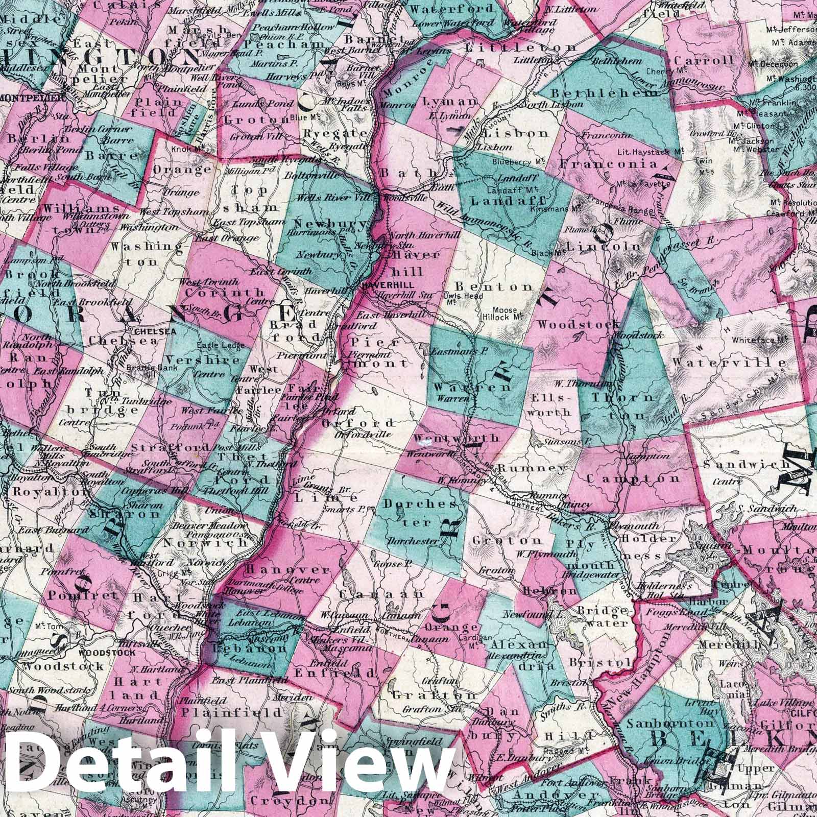 Vermont and New Hampshire - Physical Map, 1870 - Historical Map Print