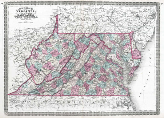 Historic Map : 1870 Virginia, Delaware, Maryland and West Virginia. - Vintage Wall Art
