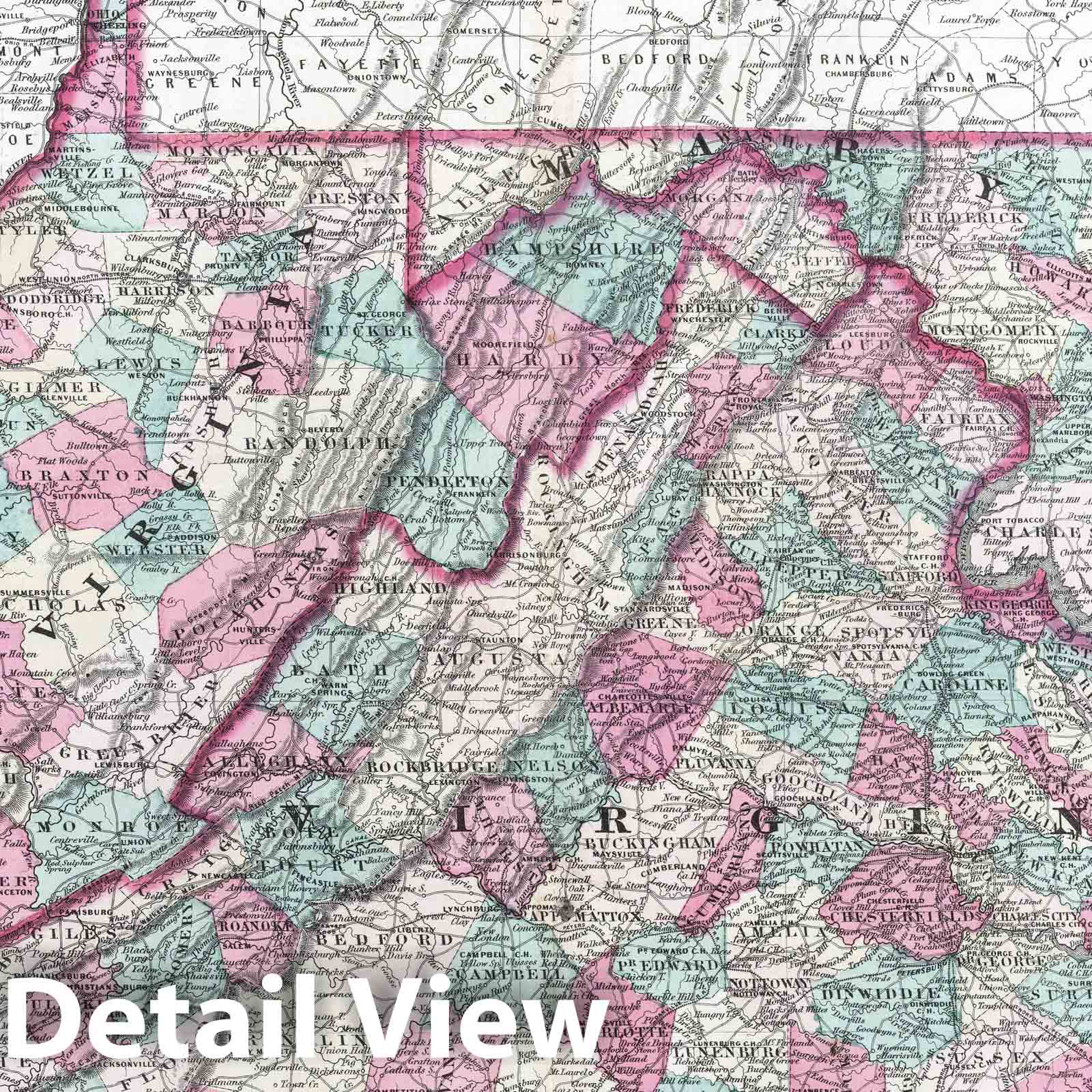Virginia, Delaware, Maryland & West Virginia - Physical Map, 1870 - Historical Map Print