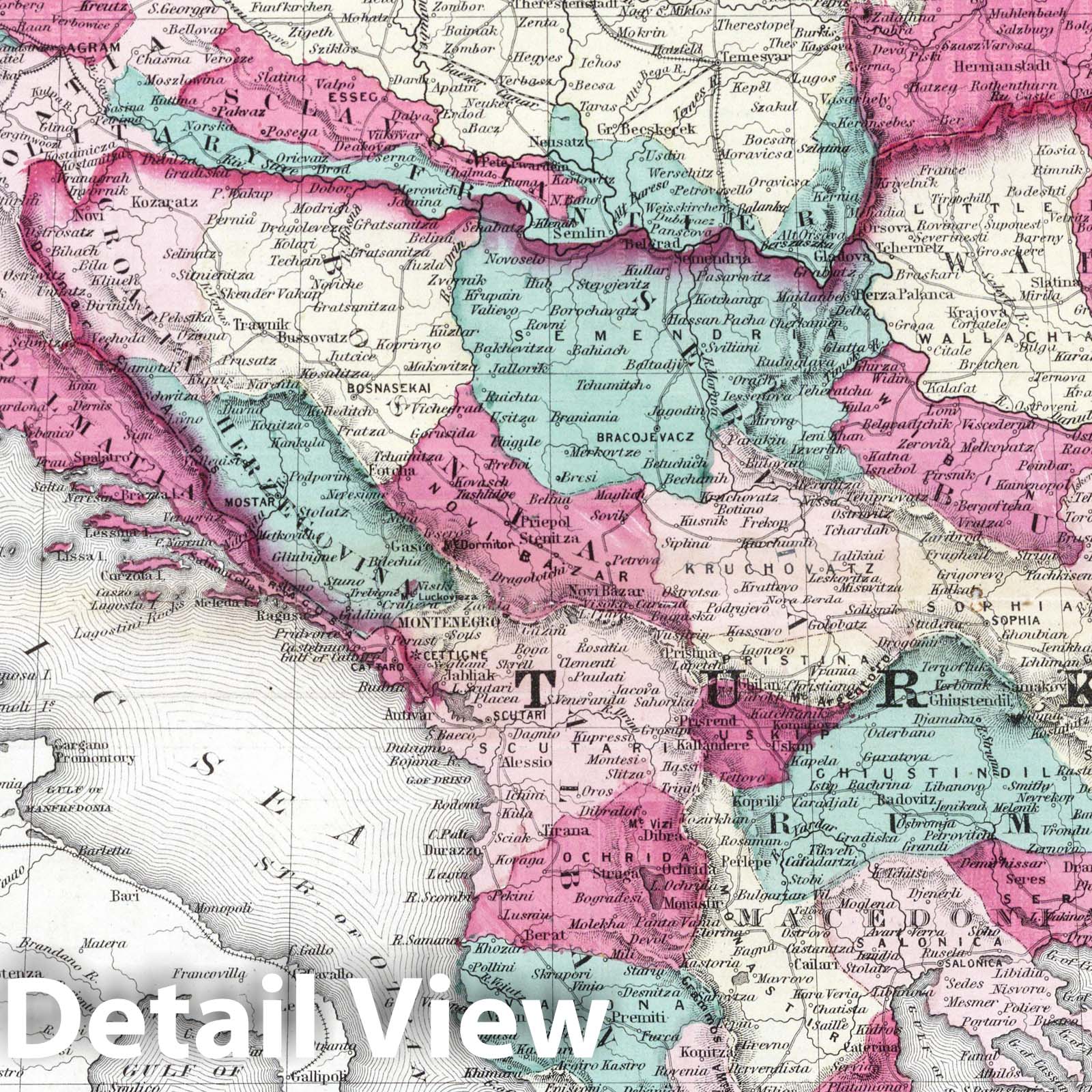 Austria, Turkey in Europe, and Greece - Physical Map, 1870 - Historical Map Print