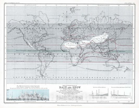 Historic Map : 1852 Distribution of Rain and Snow over the Globe. - Vintage Wall Art
